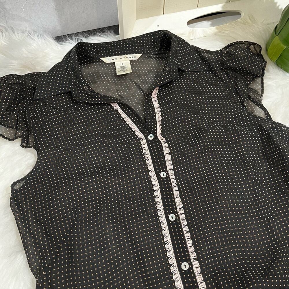 NEW Max Studio Silk Polka Dot Lace Trim Flutter Cap Sleeve Sheer Blouse S NWOT - Picture 10 of 16